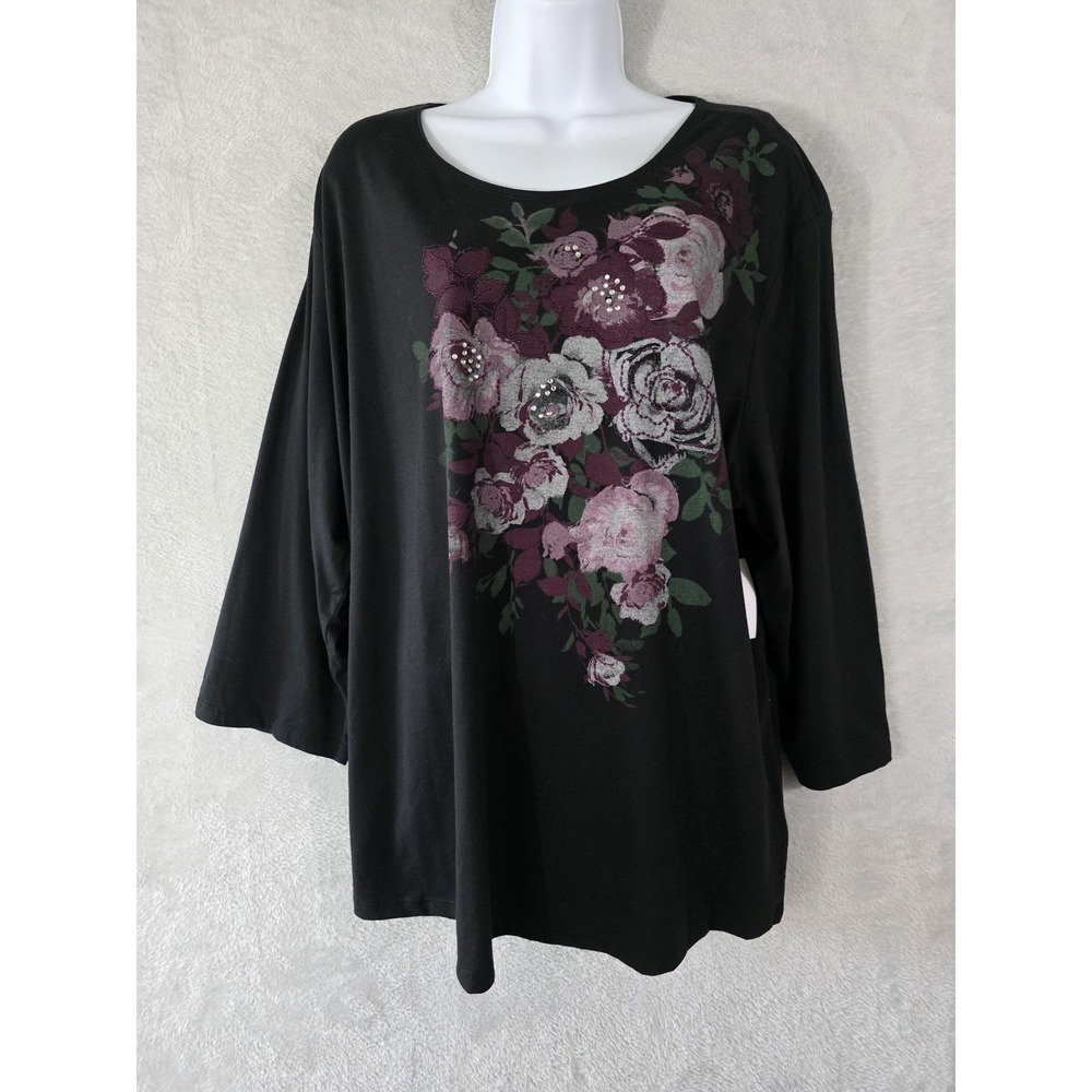 NWT Laura Scott Shirt Womens 2X Black Floral Rose Rhinestone Casual Whimsigoth